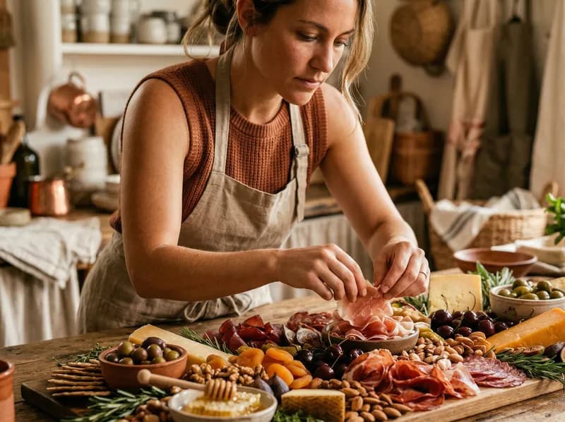 Charcuterie artist building a grazing board