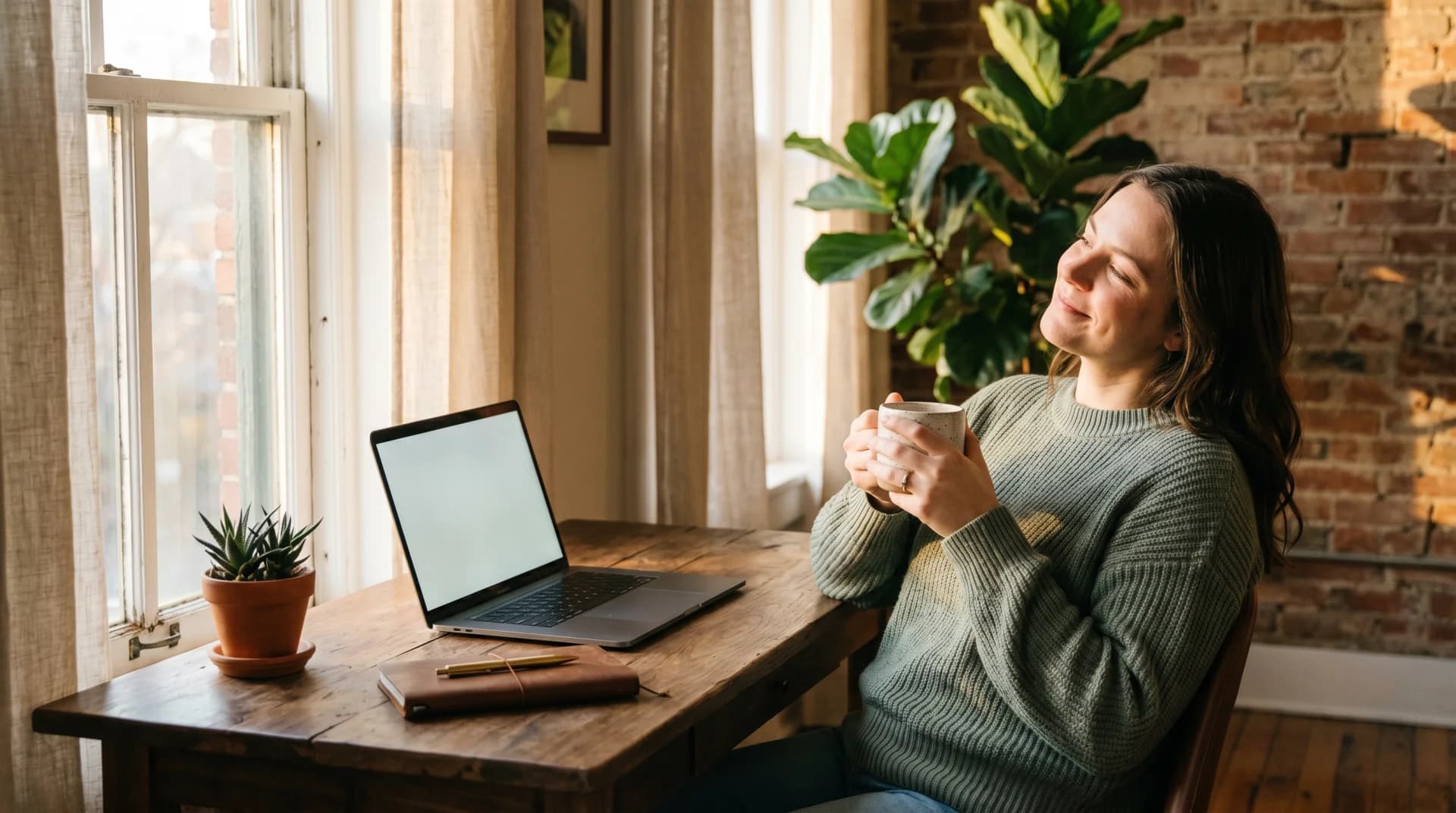 A solo operator leaning back at a calm, uncluttered desk with one open laptop, sipping coffee in late-afternoon light